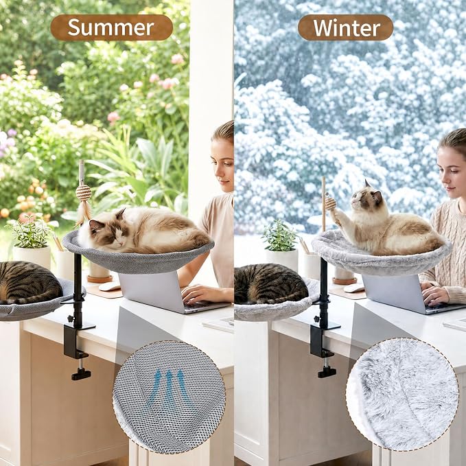 Cat Desk Bed Hammock with Clamp, 360° Desk-Mounted 15.7in Perch | Two Washable Mesh & Plush Covers, Drill-Free, Holds 40 lbs, Space-Saving Cat Furniture Fits 2 Indoor Cats & Small Pets