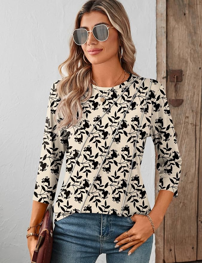 LOMON 3/4 Length Sleeve Womens Tops Spring Summer Fashion 2026 Tops Crew Neck Pleated Shirts Tunic Top Loose Fit