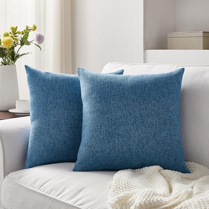 Meekio Set of 2 Blue Pillow Covers 22 x 22 Inch Farmhouse Boho Decorative Throw Pillow Covers Linen Cushion Covers for Sofa Couch Décor