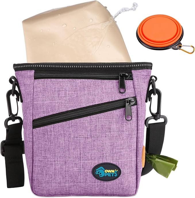 Ownpets Dog Training Pouch with Silicone Liner, Pet Treat Training Pouch with Collapsible Bowl, Shoulder Strap & Waist Strap, 4 Ways to Wear, Walking Fanny Pack for Dog Training - Purple