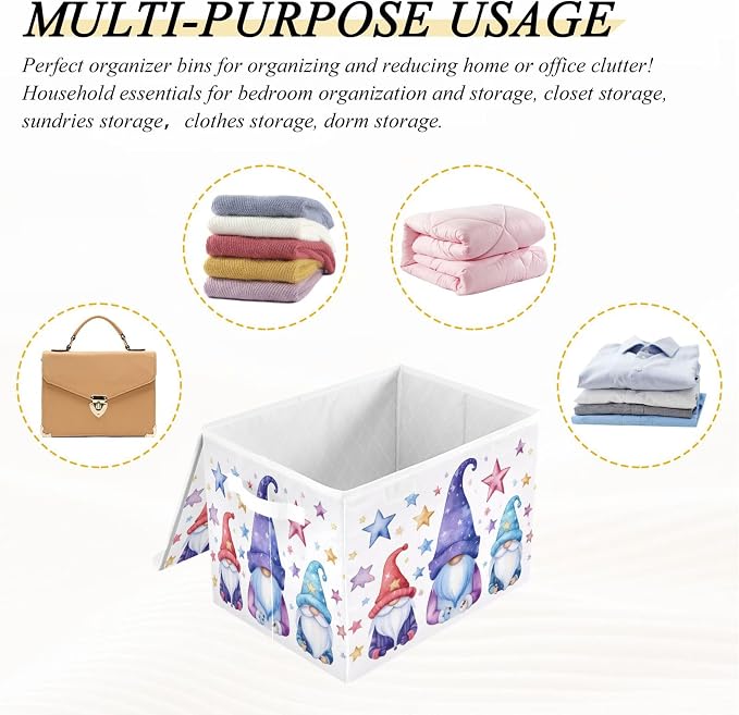 Cute Gnomes Storage Bins with Lids and Carrying Handle,Foldable Storage Boxes Organizer Containers Baskets Cube with Cover for Home Bedroom Closet Office