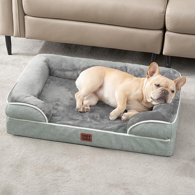 EHEYCIGA Orthopedic Small Dog Bed, Waterproof Memory Foam Washable Pet Beds | Non-Slip Bottom and Egg-Crate Foam Medium Pet Couch Bed with Washable Removable Cover, Greyish Green