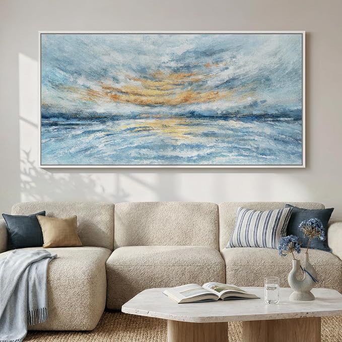 Extra Large Framed Blue Coastal Abstract Wall Art for Living Room, 36x72 In | Blue gold canvas prints, Horizontal landscape paintings, Modern artwork for walls, Picture wall decor for bedroom dining room