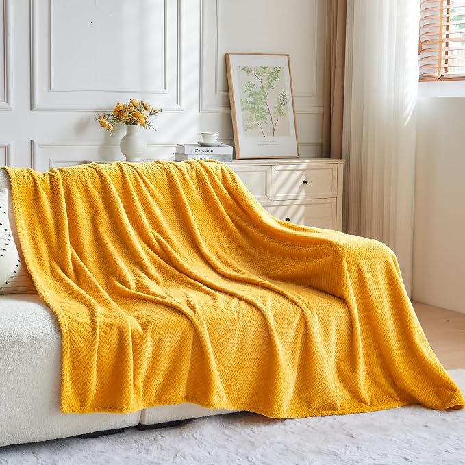 NEWCOSPLAY Fleece Leaves Pattern Twin Blanket, Mustard Yellow, 60"x80" | Super Soft Throw Blanket, Lightweight Cozy Bed Sofa Blanket, Premium Silky Flannel Fleece, Travel Blanket for All Season Use
