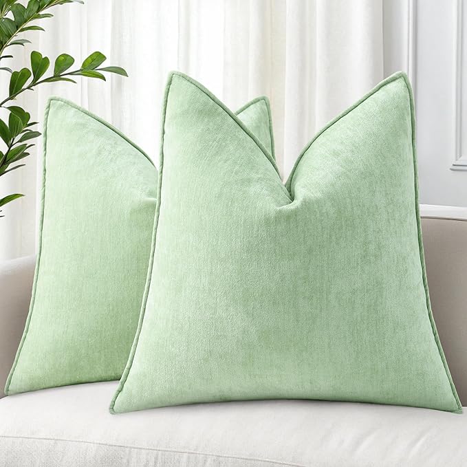 decorUhome Chenille Sage Green Velvet Throw Pillow Covers 18x18 Set of 2 | Fall Soft Couch Decorative Modern Farmhouse Pillow Cases with Elegant Design for Sofa Bed Living Room Home Decor