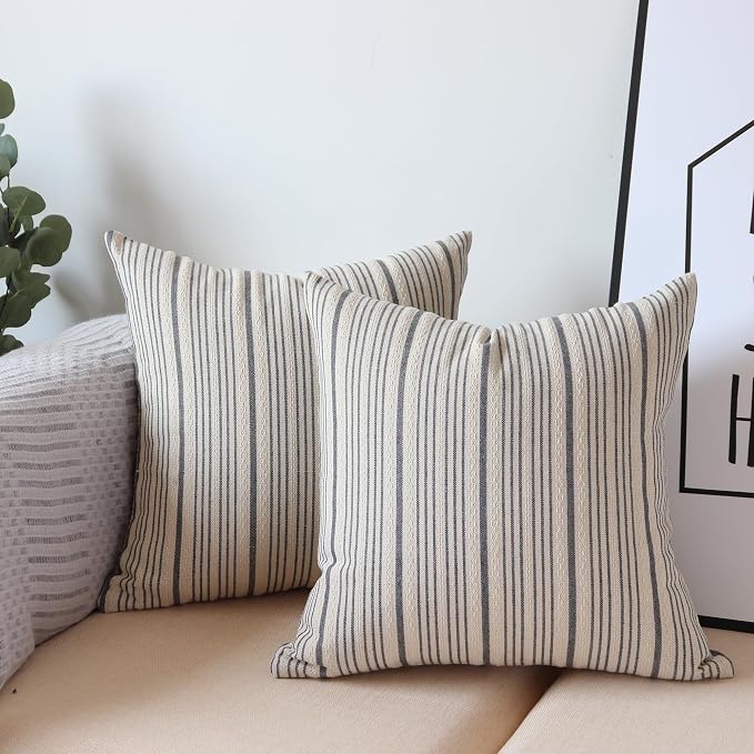 Gray Outdoor Striped Decorative Couch Throw Pillow Covers 20x20 | Pack of 2 Farmhouse Square Throw Pillows for Couch Sofa Bed 20x20 in Grey and Cream