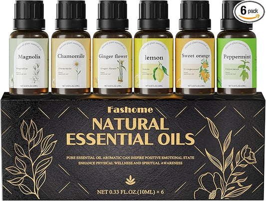 Essential Oils Set for Diffusers, 6-Pack, 10 mL Each, Aromatherapy Oils | Six scents for energy, focus and relaxation: Peppermint, Lemon, Sweet Orange, Chamomile, Magnolia & Ginger Flower
