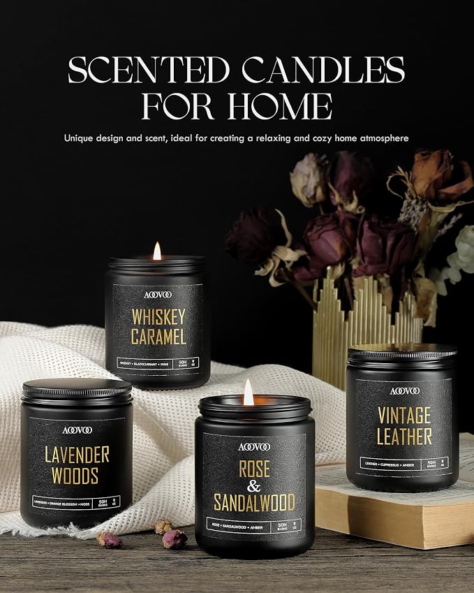AOOVOO Scented Candles for Men - 4 Pack Candles for Home Scented, 36oz Soy Wax, 200 Hour Burn Time, Men Candle Set, Rose Sandalwood/Whiskey Caramel/Lavender/Leather Candles Set