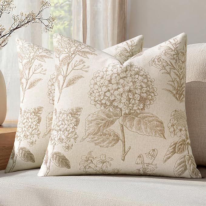 Set of 2 Decorative Floral Pillow Covers 20x20 Inch Tan Beige | Neutral Hydrangea Print, Boho Vintage Throw Cushion Covers, Cottagecore Home Decor, for Sofa Couch Porch Bedroom Living Room