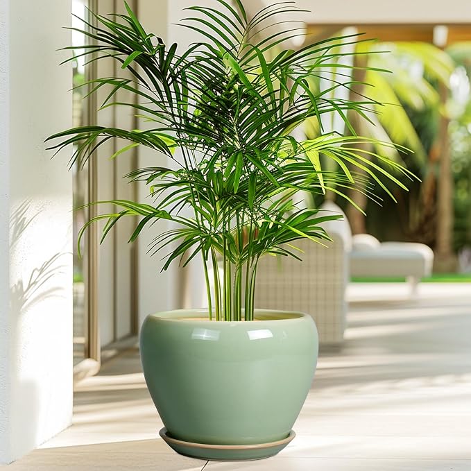 Ceramicfor 8 Inch Plant Pot - Ceramic Planter for Outdoor Plants Indoor Plant Pot with Drainage Hole and Saucer Mid-Century Round Planter Flower Pot for House Garden Green
