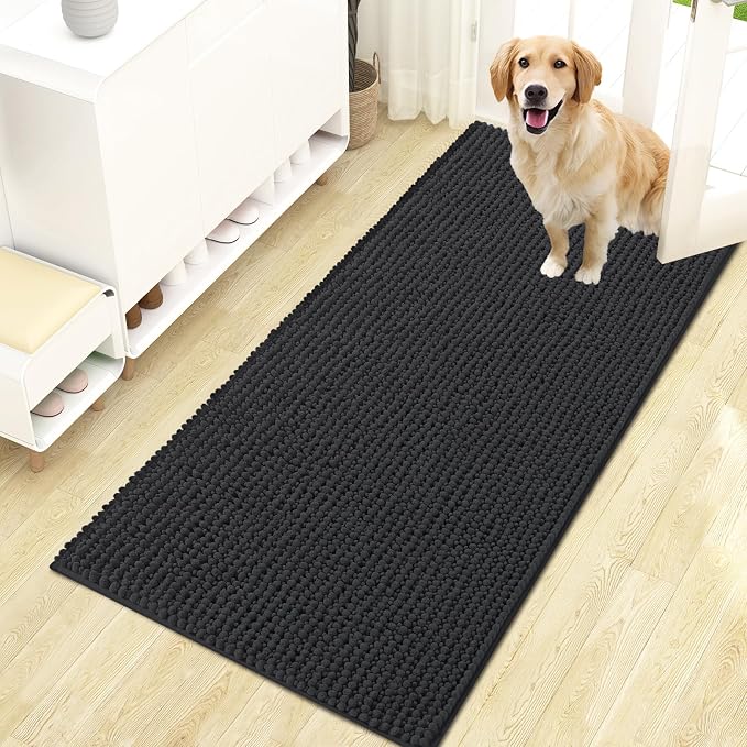 OLANLY Dog Door Mat for Muddy Paws 47x24, Extra Absorbent Chenille Mud Mat | Dark Grey, Absorbs Moisture and Dirt, Non-Slip Machine Washable Doormat, Quick-Drying Indoor Entryway Floor Mat for Dogs