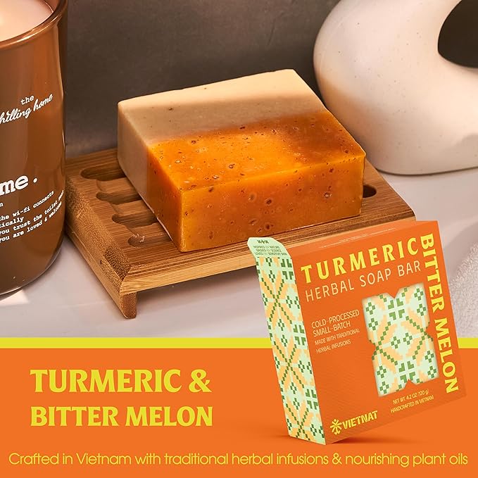 Turmeric & Bitter Melon 2-in-1 Natural Soap Bar (4.2 oz) | Herbal Freshness & Gentle Refreshing Cleanse | Cold-Processed, Handmade in Vietnam (Pack of 1)