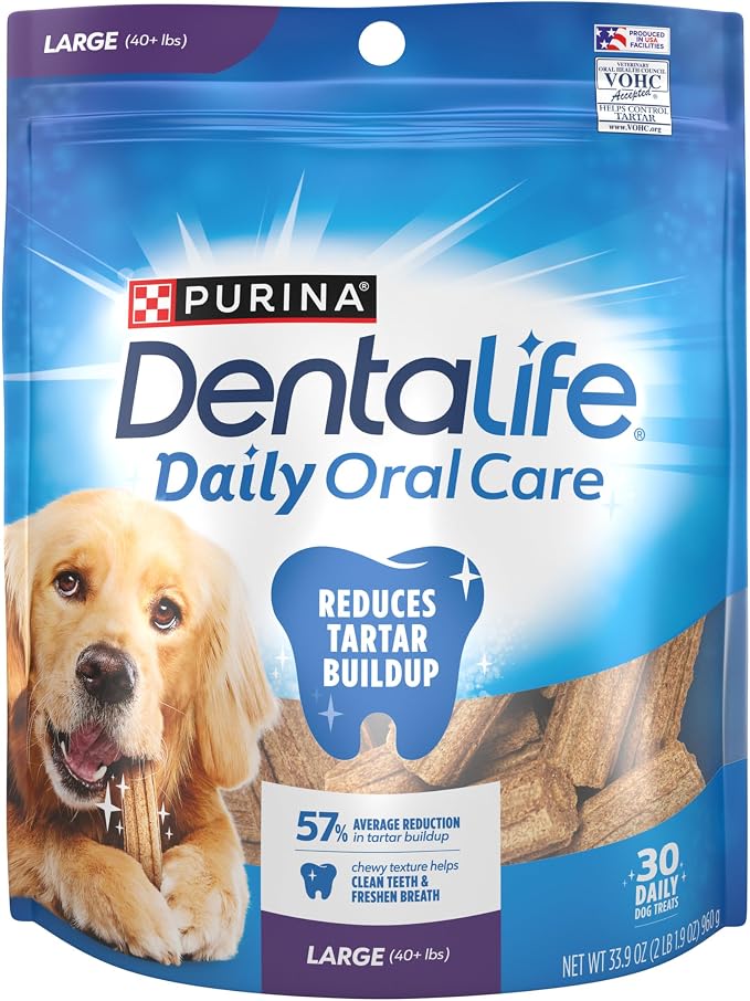 Dentalife Purina Daily Oral Care Dental Dog Treats for Large Dogs, 30 ct | Large dogs 40+ lbs, chicken-flavored dental chews freshen breath and fight tartar buildup, crafted in USA facilities