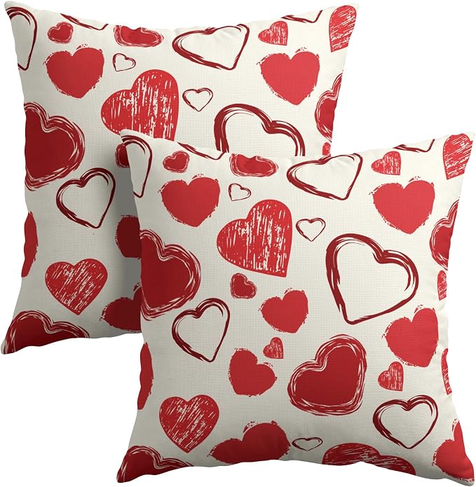 Kawani Love Hearts Throw Pillow Covers 16x16 Inches, Red White Decorative Pillowcase Set of 2 Cotton Linen Cushion Case for Couch Sofa Anniversary Engagement Wedding Room Home Decor