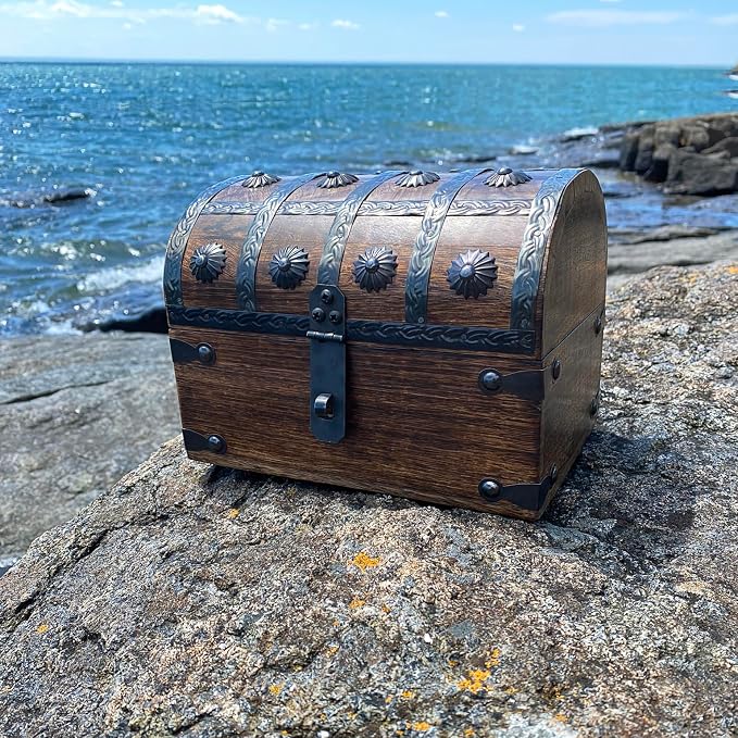 Treasure Chest Keepsake and Decorative Wood Box (Large 8x6x6) - Storage Box, Wooden Box with Hinged Lid, Rustic Storage, Pirate Storage Box, Vintage Wooden Chest