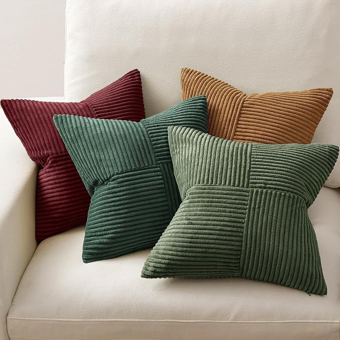 MIULEE Boho Christmas Green Decorative Throw Pillow Covers 20x20 Set of 4 Farmhouse Cushion Covers Color-Clash Corduroy Pillow Cases Modern Soft Corduroy Patchwork Home Decor for Couch Sofa Bedroom
