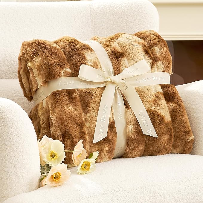Cozy Bliss Deluxe Striped Rabbit Faux Fur Throw Blanket, Soft Fluffy Warm Plush Blanket for Winter, Modern Homr Decor, Tie-dye Brown 50"x60"