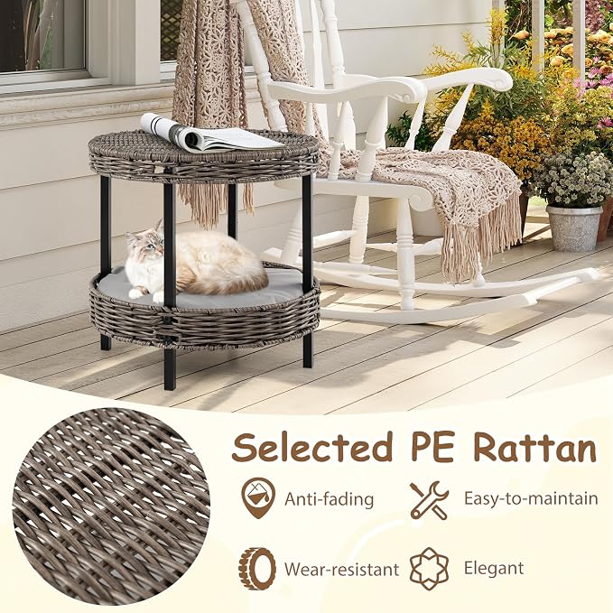 Tangkula 2-Tier Rattan Cat Nest, Wicker Kitten Condo with Removable Padded Cushion, Raised Cat Bed for Small Animals, Indoor & Outdoor Elevated Pet Shelter for Home, Deck, Balcony