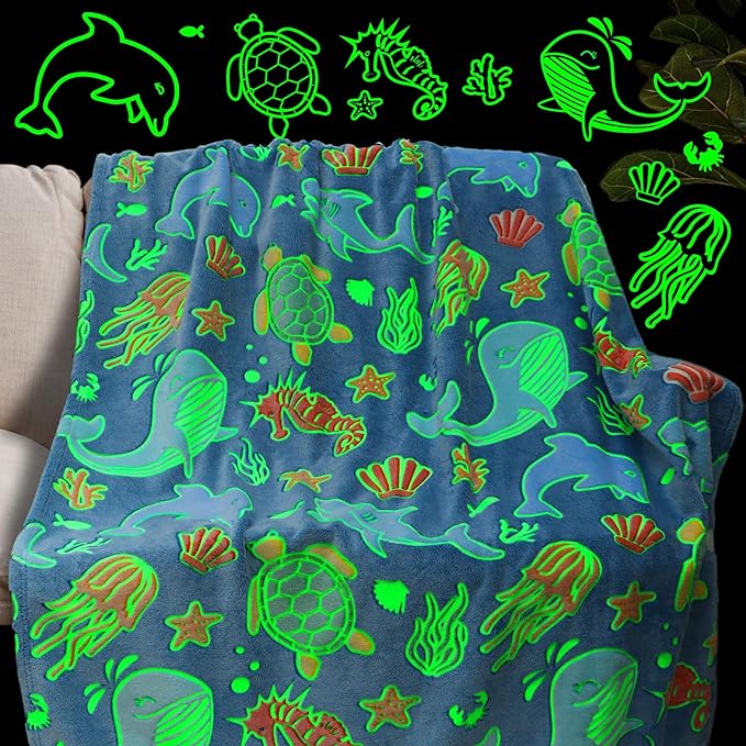 Glow in The Dark Ocean Blanket, Luminous Sea Theme Throw Blanket, Glowing Ocean Pattern Fleece Throw, Soft Cozy Lightweight Plush Blanket for Kids Teens Adults, Bedroom Couch Decor Graduation Gifts