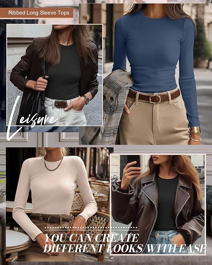Ficerd 3 Pack Women's Ribbed Long Sleeve Tops, Crew Neck Slim Fit Undershirts Knit Basic Casual Stretch Layering Tee Shirts