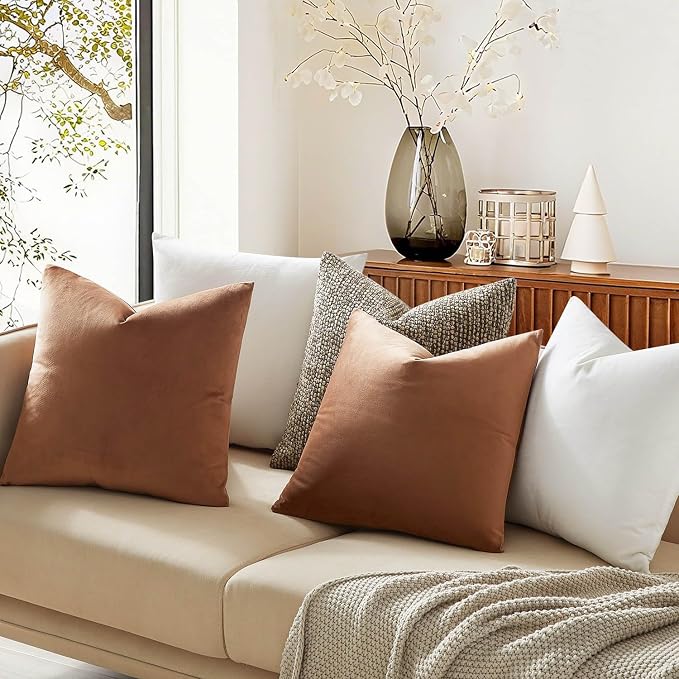 20x20 Decorative Velvet Throw Pillow Covers Set of 2 for Couch,Mocha Mousse | Soft Cushion Cases with Invisible Zipper for Modern Sofa Bed Living Room Bedroom Home Decor