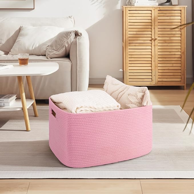 OIAHOMY 75L Blanket Basket, Woven Cotton Rope Basket for Organizing 22”x17”x12”, Used for Living Room, Bedroom, Nursery, Pink