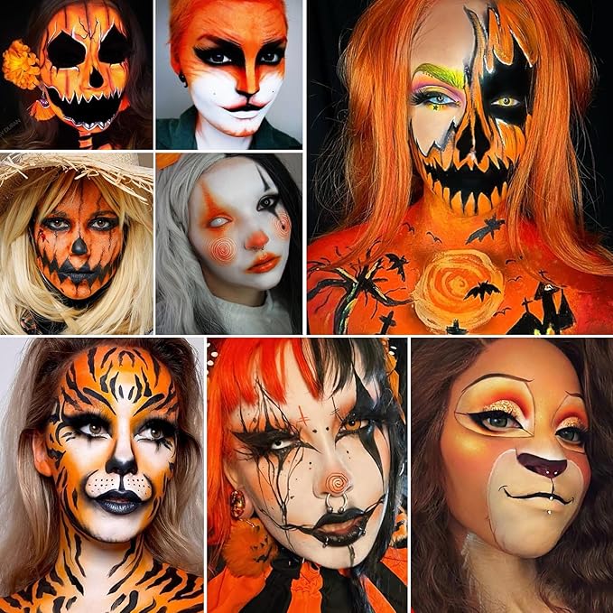 Black Yellow Orange Face Body Paint Kit, Pumpkin Halloween Makeup Cream Bodypaint with Brushes & Sponge Applicators for Kids, Facepaint Set for Scarecrow Clown Tiger Lion Fox Costume Cosplay SFX Looks