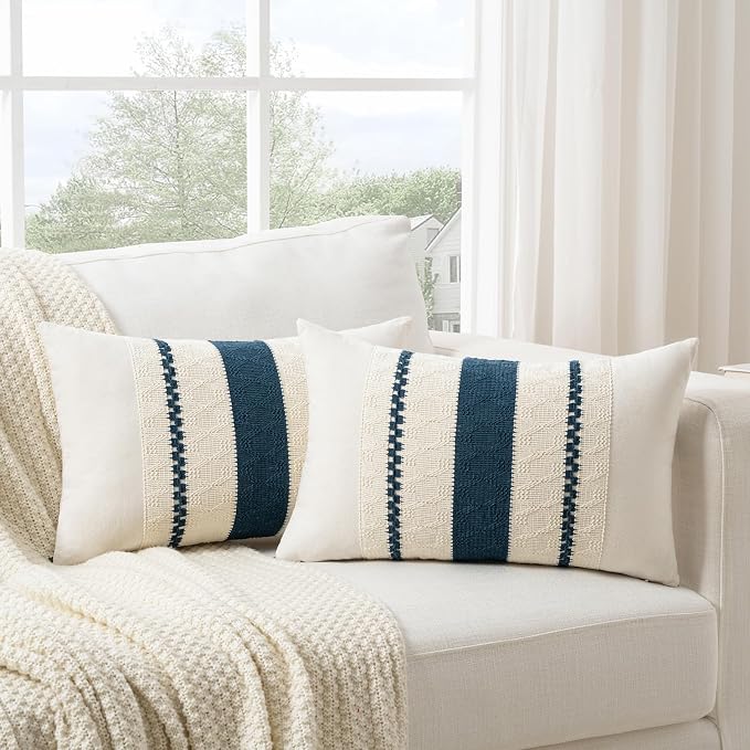 Fancy Homi Set of 1 Boho Teal Lumbar Decorative Throw Pillow Cover 12x20 Inch for Couch Bed Sofa Chair, Modern Organic Farmhouse Home Decor, Soft Cotton Cute Accent Rectangle Cushion Case