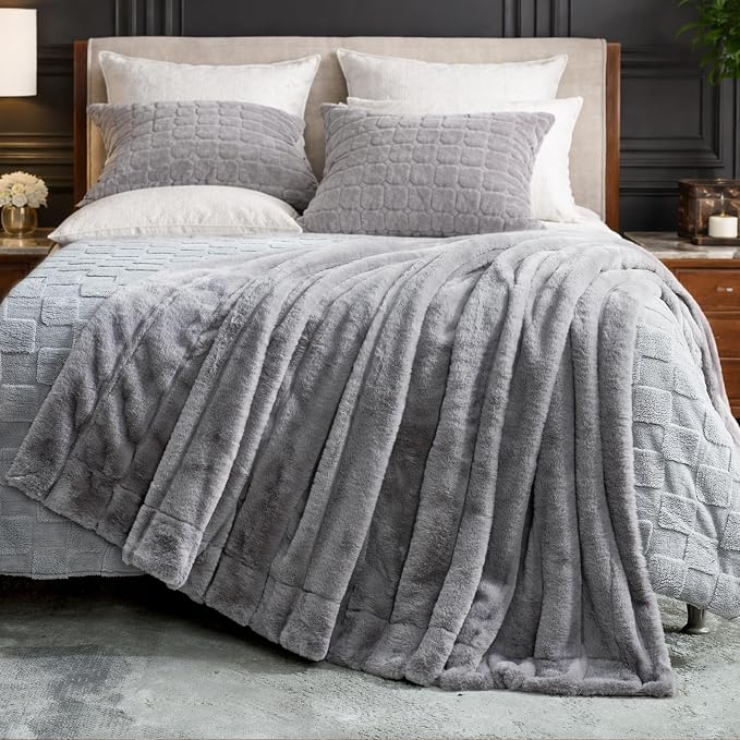 Cozy Bliss Deluxe Sheared Rabbit Faux Fur Throw Blanket, Soft Fuzzy High-Low Sculpted Plush Blanket for Couch, Cozy Home Accent, All Season Use, Grey 50"x60"