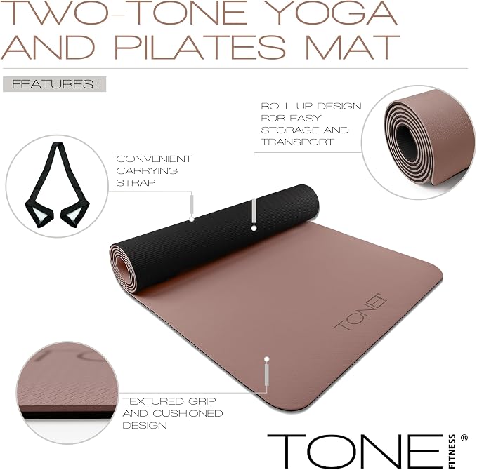 TONE Fitness Yoga Mat 1/4" Thick Non Slip Exercise & Pilates Mat for Home Workouts with Carrying Strap | Multiple Options