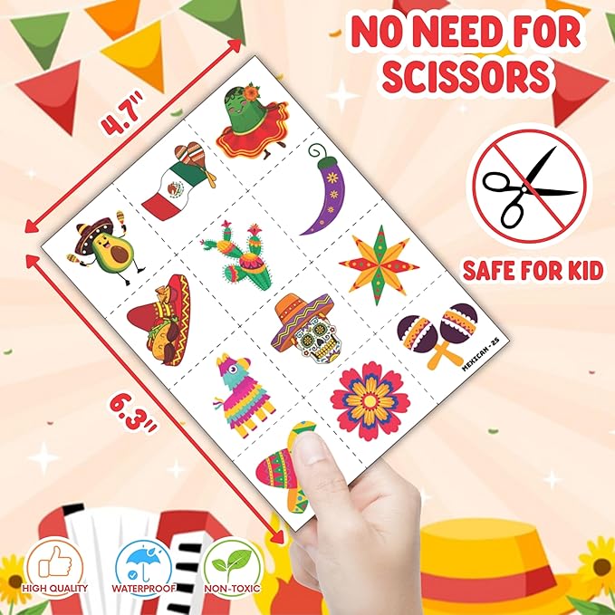 48PCS Cinco de Mayo Party Favor Set - 24PCS Temporary Pre - cut Tattoos & 24PCS Slap Bracelets - Mexican Fiesta Birthday Supplies, Baby Shower Gifts, Classroom Rewards & Party Decor for Kids