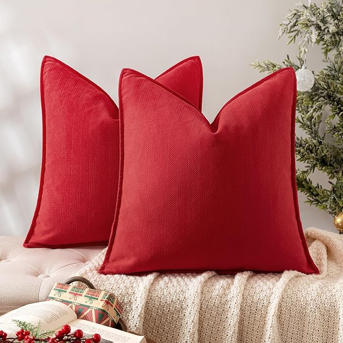 MIULEE Pack of 2 Red Decorative Chenille Pillow Covers 20x20 Inch | Soft Couch Throw Pillows,Farmhouse Cushion Covers with Elegant Design for Sofa,Bedroom,Living Room,Spring Home Decor