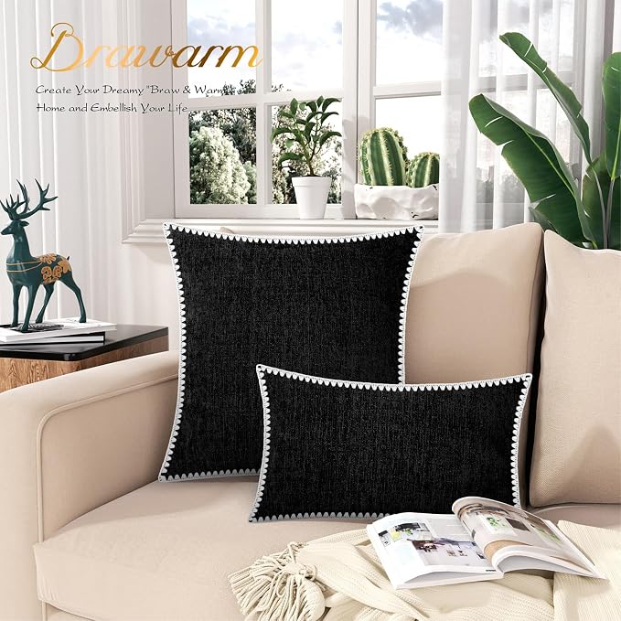 BRAWARM Chenille Throw Pillow Covers 18x18 Inches, Black, 2 Pack | Decorative Pillow Covers with Shell Edge, Soft Cushion Cases for Sofa Bed Living Room Home Farmhouse (No Insert)