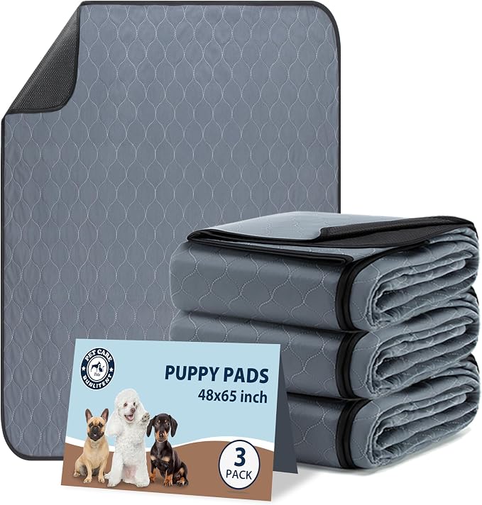 Bunlitent Reusable Puppy Pads 48" x 65", 3 Pack, Grey, Whelping pad | Reusable, Fast Absorbent, Waterproof, Non-Slip, For Whelping, Training, Incontinence & Potty