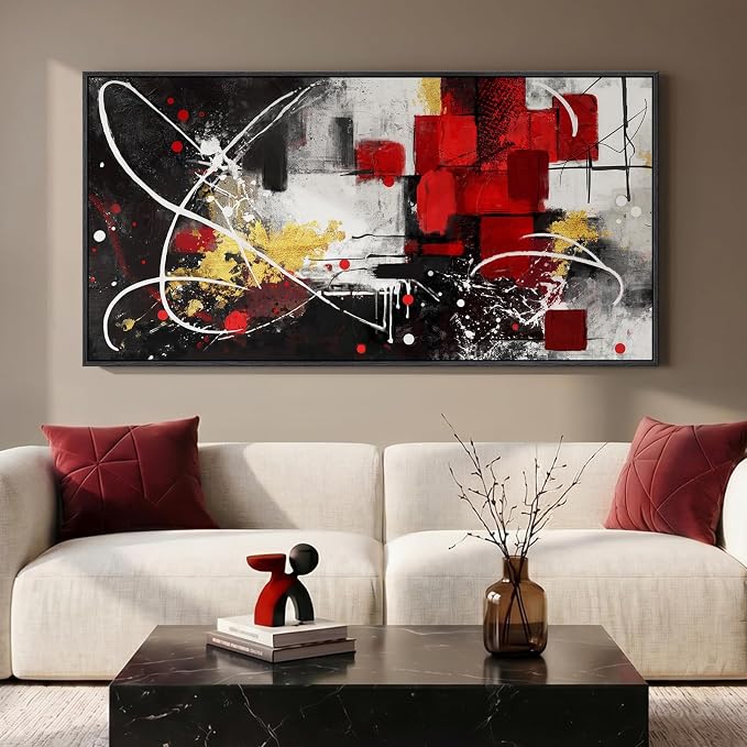 Extra Large Framed Red Black and White Abstract Wall Art for Living Room, Modern Canvas Prints Horizontal Artwork for Walls, Red Gold Geometric Pictures for Dining Bedroom Hallway Wall Decor 30x60 In