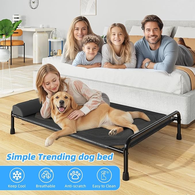 Simple Trending Elevated Dog Bed for Large Dogs, Cooling Raised Pet Cot with Bolster, Breathable Outdoor Couch Bed, 44.5" x 31", Black | Cooling Raised Pet Cot with Bolster, Dog Couch Cot for Indoor Outdoor, Breathable Mesh, Waterproof, Non-Slip Feet