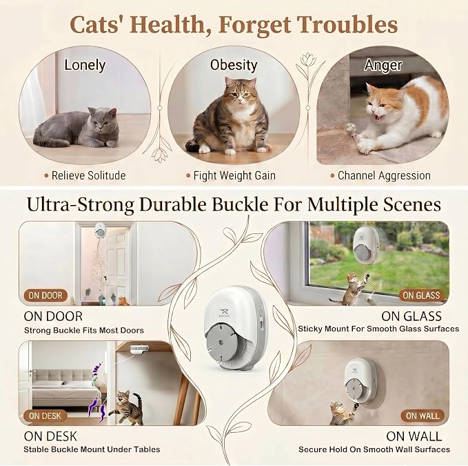 Interactive Cat Toys for Indoor Cats, Automatic Wand Cat Toy with 2 Smart Motion Modes, USB Rechargeable Electric Teaser with Clip, Self Play Enrichment Toy for Bored Kittens & Adult Cats