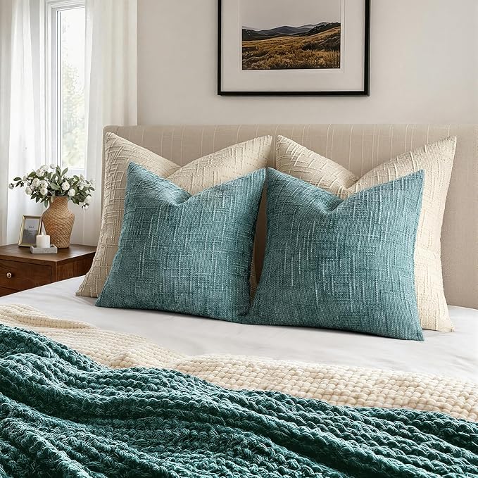 MIULEE Chenille Textured Throw Pillow Covers Teal 18x18 Set of 2 | Slubby Decorative Pillows, Boho Farmhouse Home Decor, Modern Neutral Cushion Covers for Couch Sofa Bed Living Room