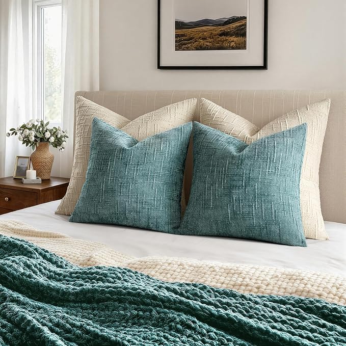 MIULEE Chenille Textured Throw Pillow Covers Teal 20x20 Set of 2 | Slubby Decorative Pillows, Boho Farmhouse Home Decor, Modern Neutral Cushion Covers for Couch Sofa Bed Living Room