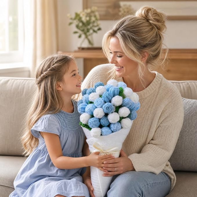 Ivydale Crochet Flower Bouquet Throw Blanket with Blue Rose