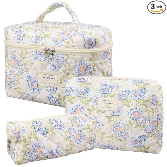 honitty Makeup Bag,Quilted Cosmetic Bags,Large Floral Make Up Organize bag,Makeup Bag Set for Women,Flower Travel Toiletry Bag