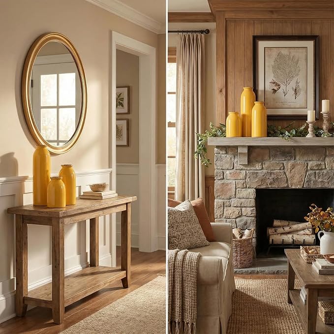 3Pcs Yellow Ceramic Vases, Decorative Vases for Modern Farmhouse | Neutral Pottery Decor for Table Mantel Entryway Bookshelf Living Room
