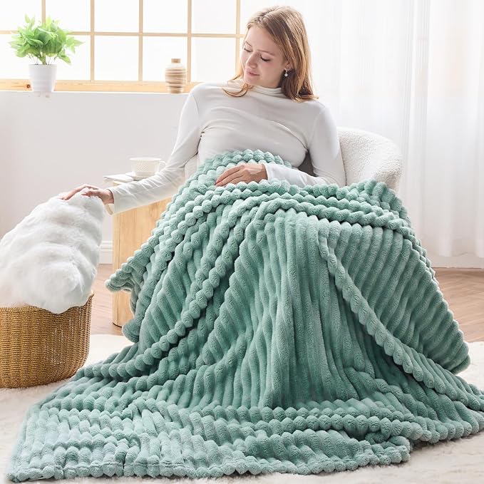 NEWCOSPLAY Fleece Ribbed Cozy Twin Blanket for Couch, Mint Green, 60"x80" | Premium Silky Flannel Blanket, Soft Lightweight Fluffy Throw Blanket for Bed Sofa Decor, Gift for All Season Use