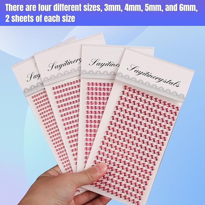 8 Sheets Rhinestone Stickers，3584 Pcs Gem Stickers for DIY Face Eyes Makeup Hair（Pink-3/4/5/6mm）