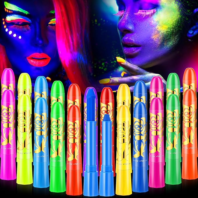 Handepo 24 Pcs Glow in the Black Light Face Paint Crayons Neon Face Body UV Light Paint Kit Fluorescent Halloween Masquerade Makeup for Adult Mardi Gras Parties(Multi Color)