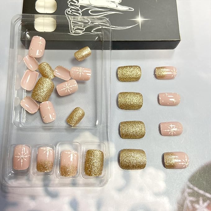 Gold Glitter Christmas Press on Nails Xmas Snowflake False Nails Glossy Short Square Glue on Nails Winter Christmas Acrylic Fake Nails for Women Girls
