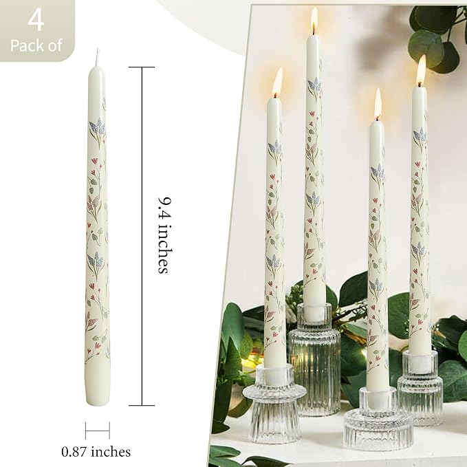 Hyacinth Printed Taper Candle Dripless Candles Sticks - 4 pcs Handmade White Taper Candle 10 inches Long Tapered Candles for Home Party Wedding Restaurant Holiday Decor