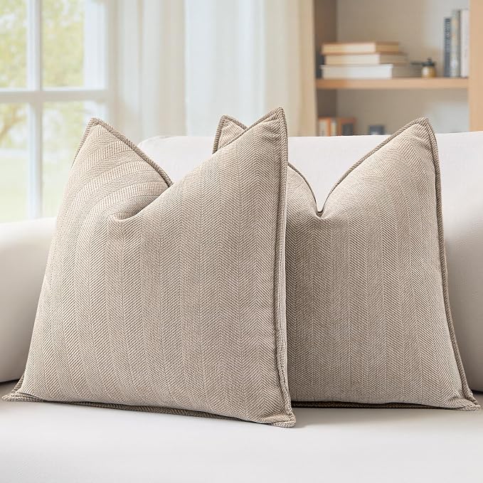 MIULEE Pack of 2 Beige Decorative Chenille Pillow Covers 20x20 Inch | Soft Couch Throw Pillows,Farmhouse Cushion Covers with Elegant Design for Sofa,Bedroom,Living Room,Spring Home Decor