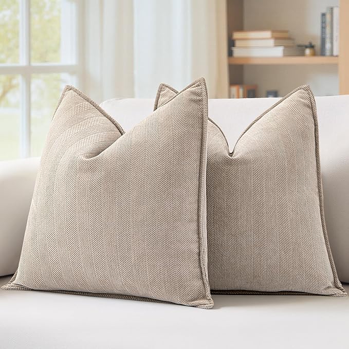 MIULEE Pack of 2 Beige Decorative Chenille Pillow Covers 18x18 Inch | Soft Couch Throw Pillows,Farmhouse Cushion Covers with Elegant Design for Sofa,Bedroom,Living Room,Spring Home Decor