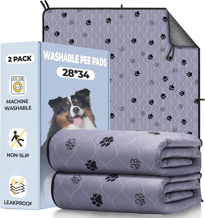 Fostanfly Washable Pee Pads for Dogs, Leak-Proof, 28''x34''-2 Pack, Gray | Ultra-Absorbent, Waterproof, Non-Slip, Large Reusable Potty Training Pads for Dogs, Puppy and Potty Buddy with 8 Tie Straps